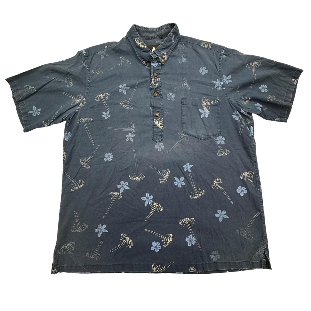 Sig Zane Hawaiian Shirt Mens L Blue Palm Tree Floral Short Sleeve Pocket Maui